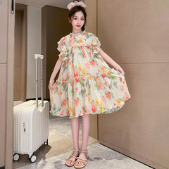 女童夏季連衣裙2023新款中大童洋氣田園油畫霓裳飛袖沙灘裙雪紡裙