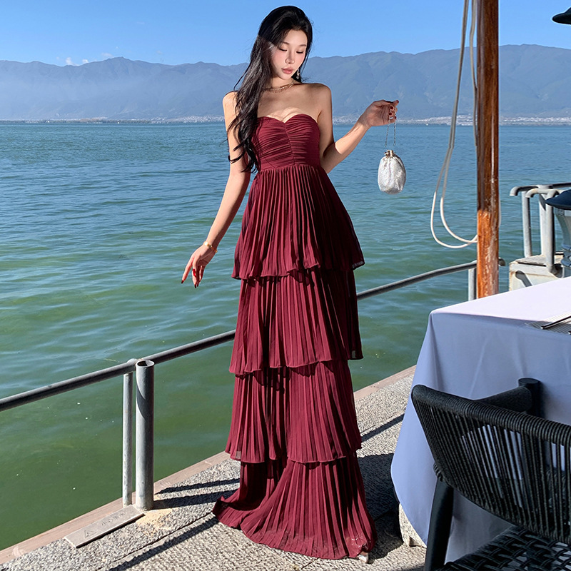 French Pleated Elegant Skirt Strapless Cake Skirt Pleated High-Level Dress dress Long Skirt to Ankle