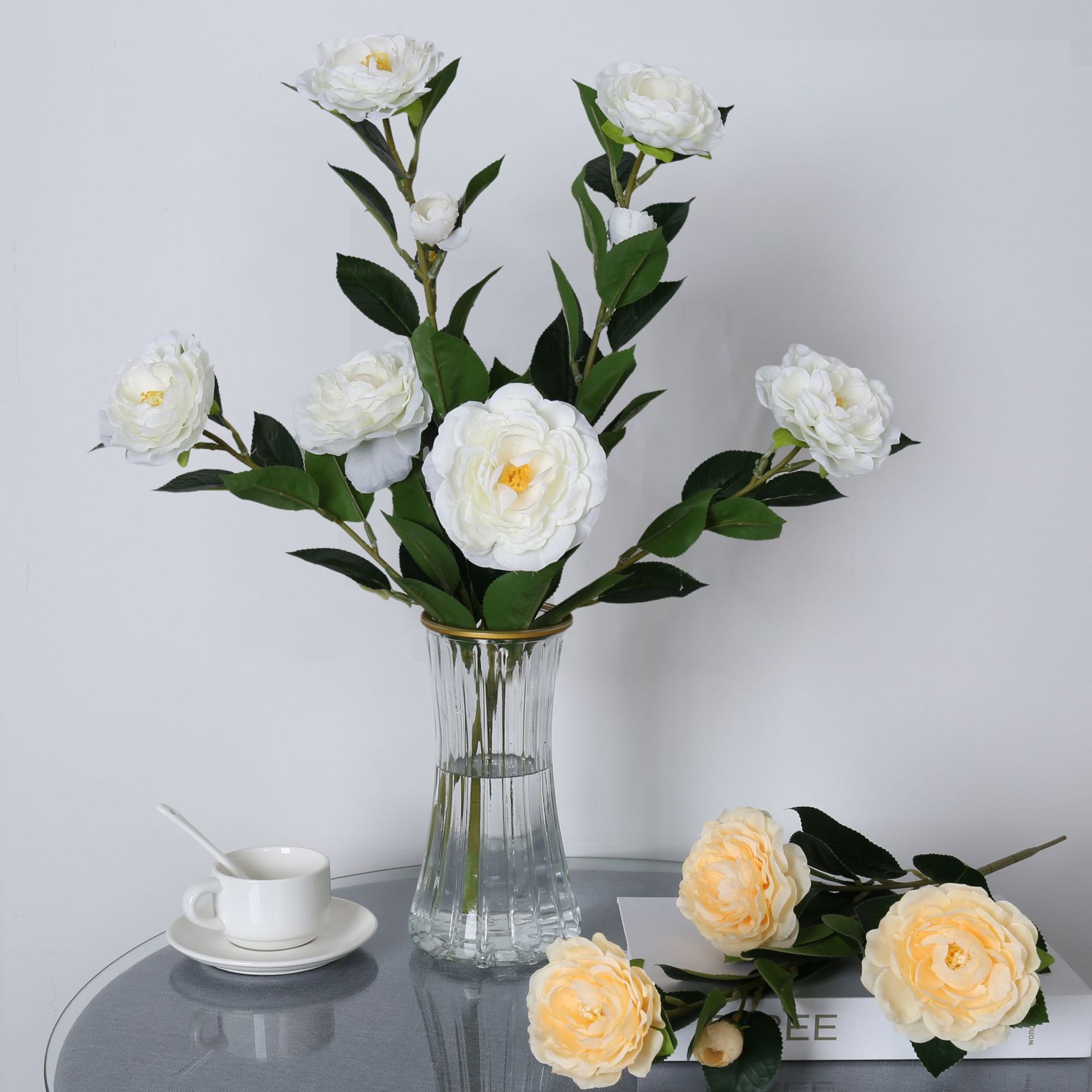 Simulación de camélia de cabeza larga ramas gardenia mesa de comedor sala de estar decoración de flores falsas árboles paisajismo props de fotografía