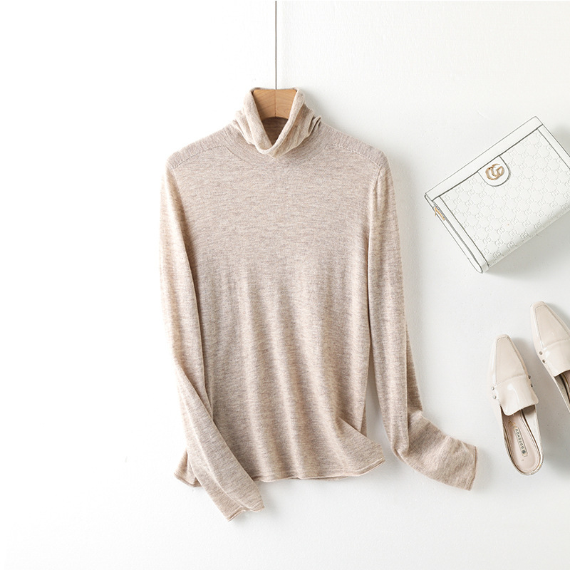 Women's Wool Sweater Long-sleeved Curl Collar Frontline Garment Seamless 100 Pure Wool Slim-fit Inner Sweater Women's Top