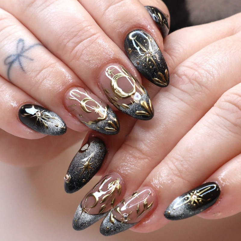 Nail Art Nail Tips, European and American Cross-Border Style Almond Nails, Gold-Plated Black French Style Shining Star Nails, Wearable Nails Nail Art Nail Tips, European and American Cross-Border Style Almond Nails, Gold-Plated Black French Style Shining Star Nails, Wearable Nails