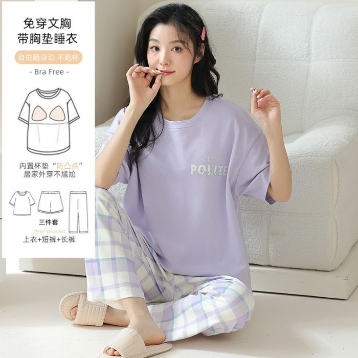 Pantalones de manga corta para mujer de verano, pantalones cortos, pijamas de cuello redondo de tres piezas, algodón de imitación, almohadillas para el pecho, estilo casual cómodo, suave y simple