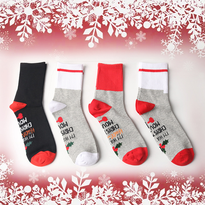 春季潮流印花字母圣诞袜子男女拼接立体式成人休闲袜中筒新疆棉袜|ru