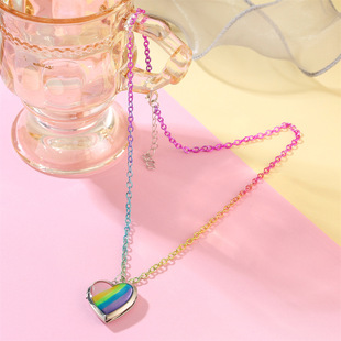 New Fashionable Children's Love Photo Box Necklace Colorful Chain Rainbow Peach Heart Photo Box Cute Not Easy to Fade Necklace