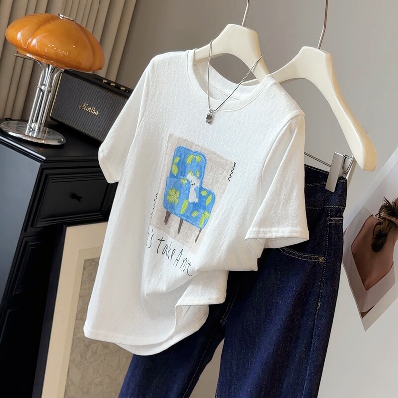 Korean-Style Cute Cartoon Puppy Pattern Short-Sleeved T-Shirt for Women, New Summer Style, Loose, Slimming, Versatile Casual Top for Women