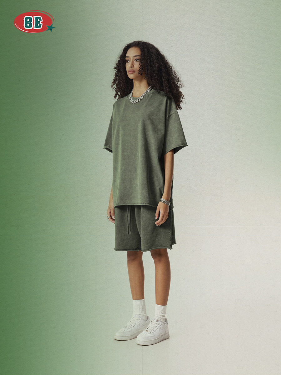Be Hombres| 2025 verano americano retro transfronterizo flocos de nieve doblados pantalones cortos de mangas cortas de dos piezas con camisetas pesadas para hombres