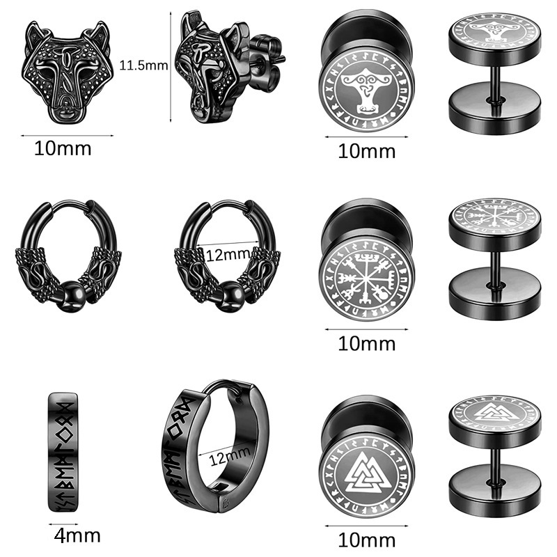 Boucles d'oreilles unisexes noires à fermoir plat, motif runique unique nordique viking, en acier inoxydable, style géométrique classique et tendance._voghion.com