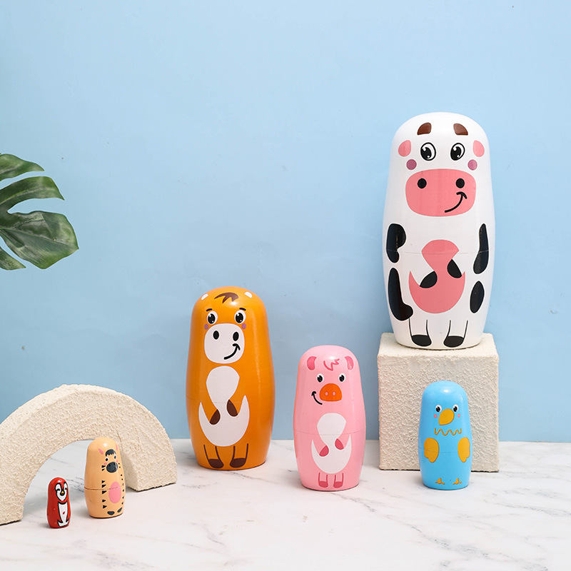Russian Cartoon Cute Matryoshka Wooden Crafts Creative New Six-Layer Small Cow Handmade Ornaments