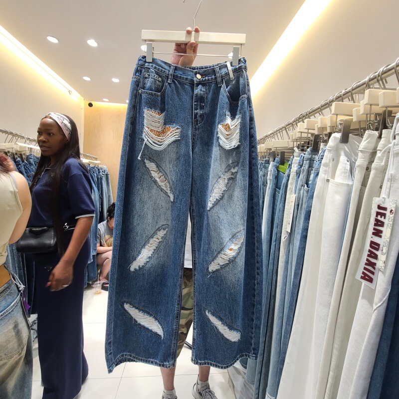 Cross-Border Exclusive Supply of 2026 Autumn New Style Personalized Hot Girl Ripped Lace-Lined Washed Wide-Leg Jeans Cross-Border Exclusive Supply of 2026 Autumn New Style Personalized Hot Girl Ripped Lace-Lined Washed Wide-Leg Jeans