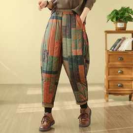 2025年冬新款文艺复古风印花加厚哈伦裤女时尚抽象休闲外穿萝卜裤