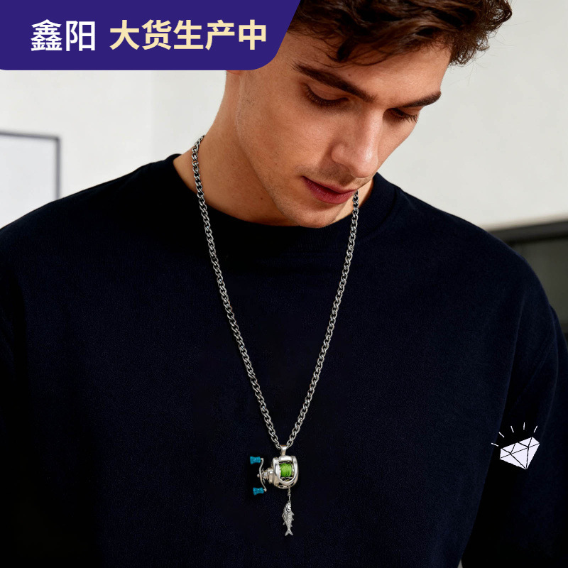 跨境独立站爆品Mini fishing reel necklace迷你渔线轮项链吊坠