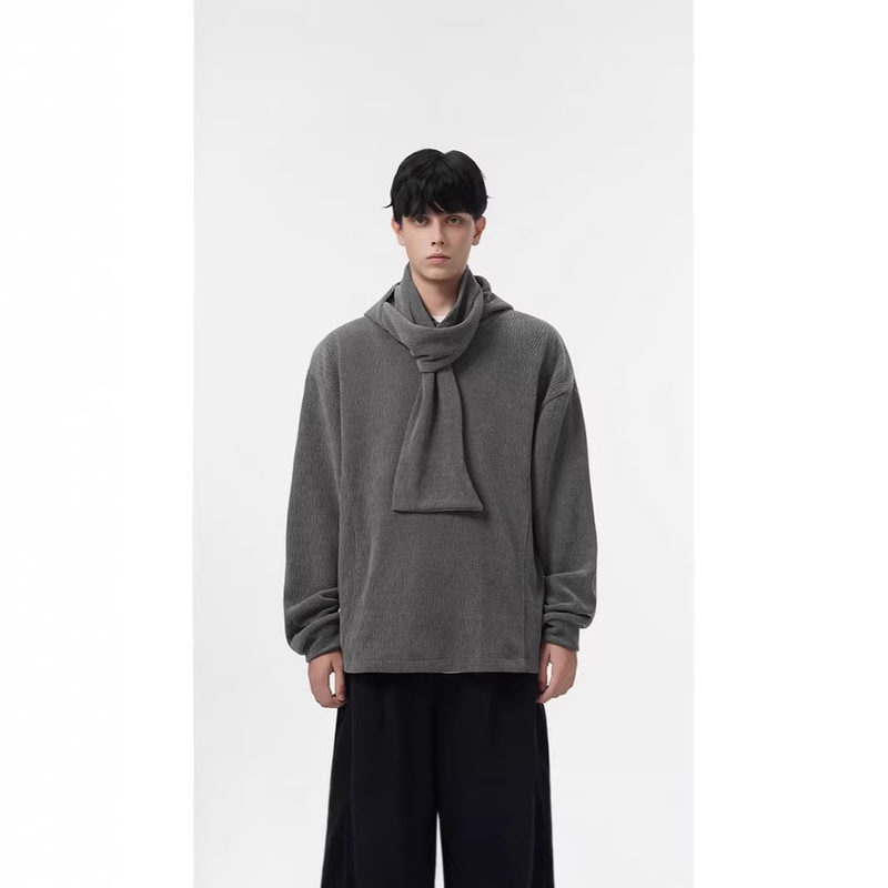 Hooded Pullover Sweatshirt for Men, Long-Sleeve Stylish Hooded Scarf Integrated Sweatshirt, Loose Fit Drop-Shoulder Trendy Cool Top for Men