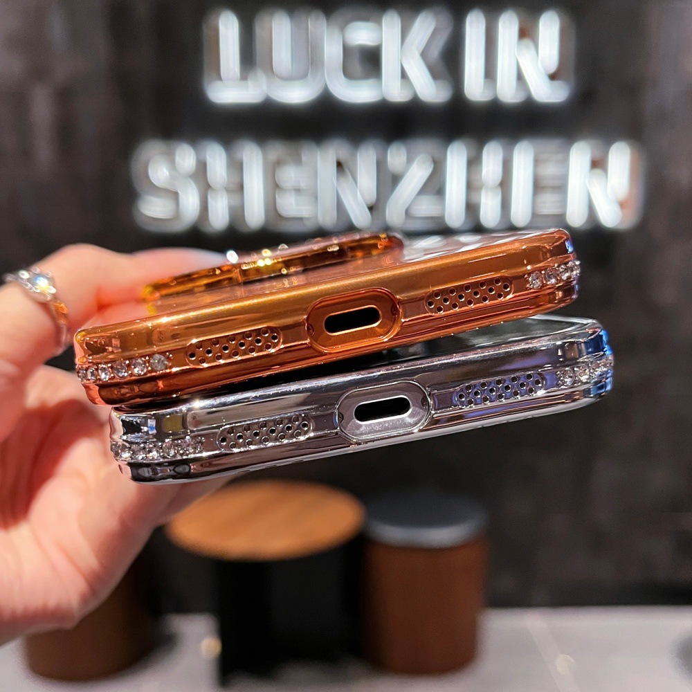 Square Diamond + Glitter Ring Mirror Stand Suitable 17 Pro Max Phone Case, New Model For IPhone 16/15/14_voghion.com