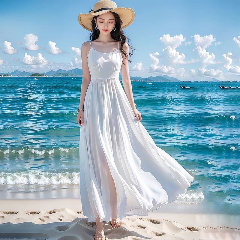 New Style Artistic Fairy-Like Flowing Beach Maxi Dress with Wide Hem, Desert-Style Spaghetti Strap Dress, White Long Dress for Vacation and Beach Photos New Style Artistic Fairy-Like Flowing Beach Maxi Dress with Wide Hem, Desert-Style Spaghetti Strap Dress, White Long Dress for Vacation and Beach Photos