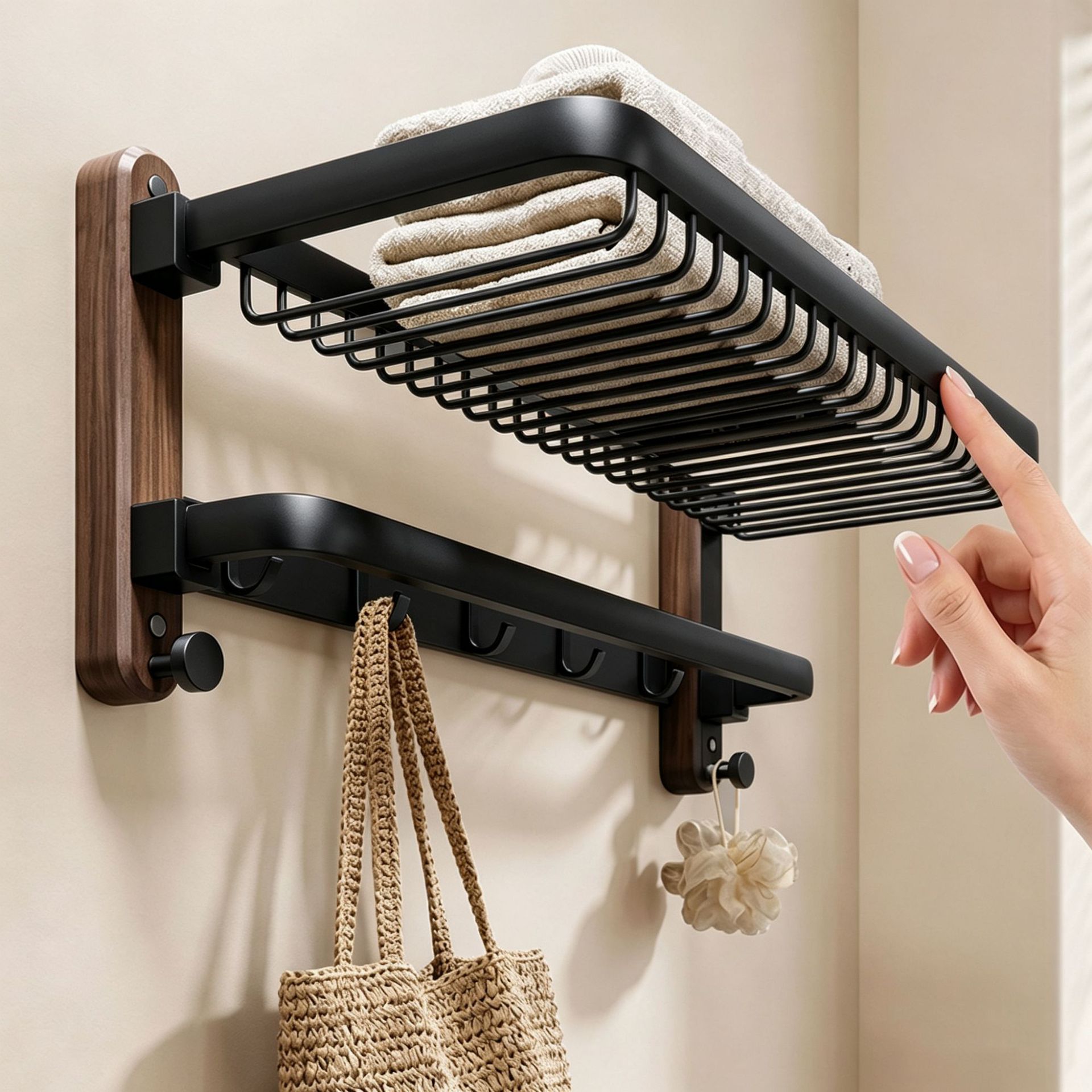 Vintage-style no-drill walnut towel rack, new Chinese-style elegant bathroom towel shelf, high-end bathroom rack