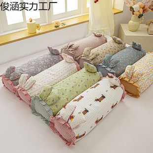 Fresh and Simple Floral Cotton Double-Layer Gauze Buckwheat Pillow for Single Adults and Students, Neck Support Rabbit Pillow with Removable Pillowcase