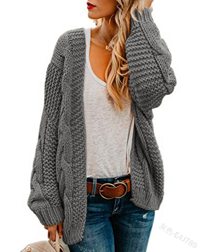 Solid Color Thick Needle Twist Knitted Mid-Length Cardigan NSJXW106946