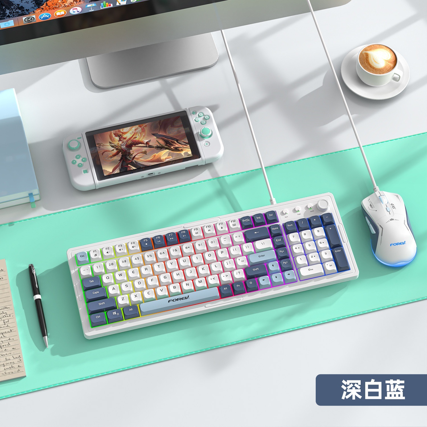 Ratón de teclado luminoso cableado Q908 sensorio mecánico de deportes eléctricos con perilla de juego de teclado flotante luminoso conjunto de ratón