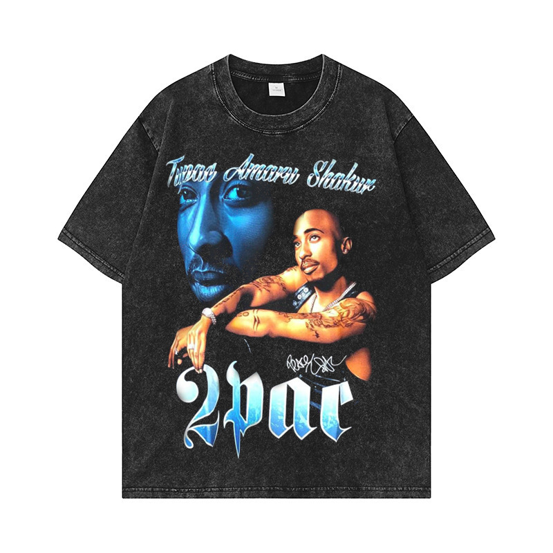 TUPAC Digital Printing Vintage Wash Old Short-sleeved T-shirt American Street Fashion Brand Hip-hop Men's and Women's Crewneck Top