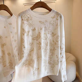 现货D家2026早春新款高品质金丝刺绣蝴蝶圆领羊毛+羊绒套头毛衣女