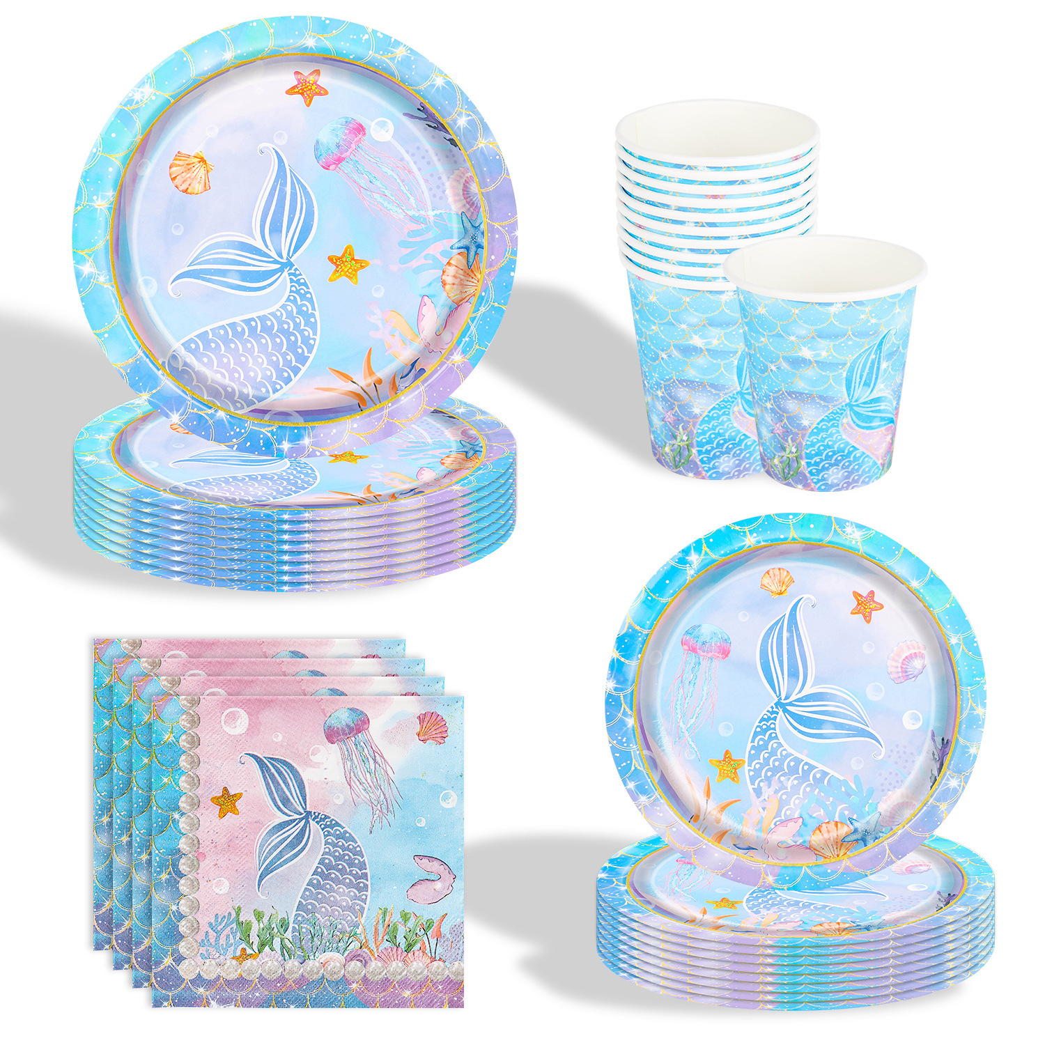 Nuevo juego de vajilla de fiesta con tema de sirena marina de verano, bandeja de papel desechable, cuchillo, tenedor, cuchara, decoración de fiesta