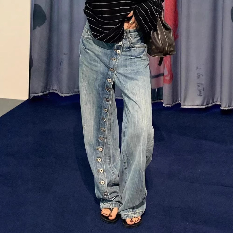 American Retro Style Niche Design Jeans for Women, Summer Vintage Washed Denim with Diagonal Button Closure and Floor-Length Pants
