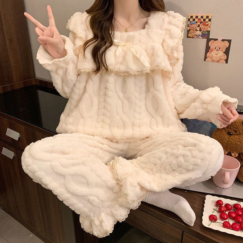 Cross-border Live Explosions fleece-lined Thickened Pajamas Women's Coral Fleece Plush Sweet Square Collar Home Clothes Women's Suit