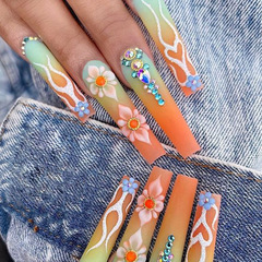 European and American diamond-embellished gradient camellia flower wearable nail, flame-themed wearable nail sticker, press-on nail, nail piece