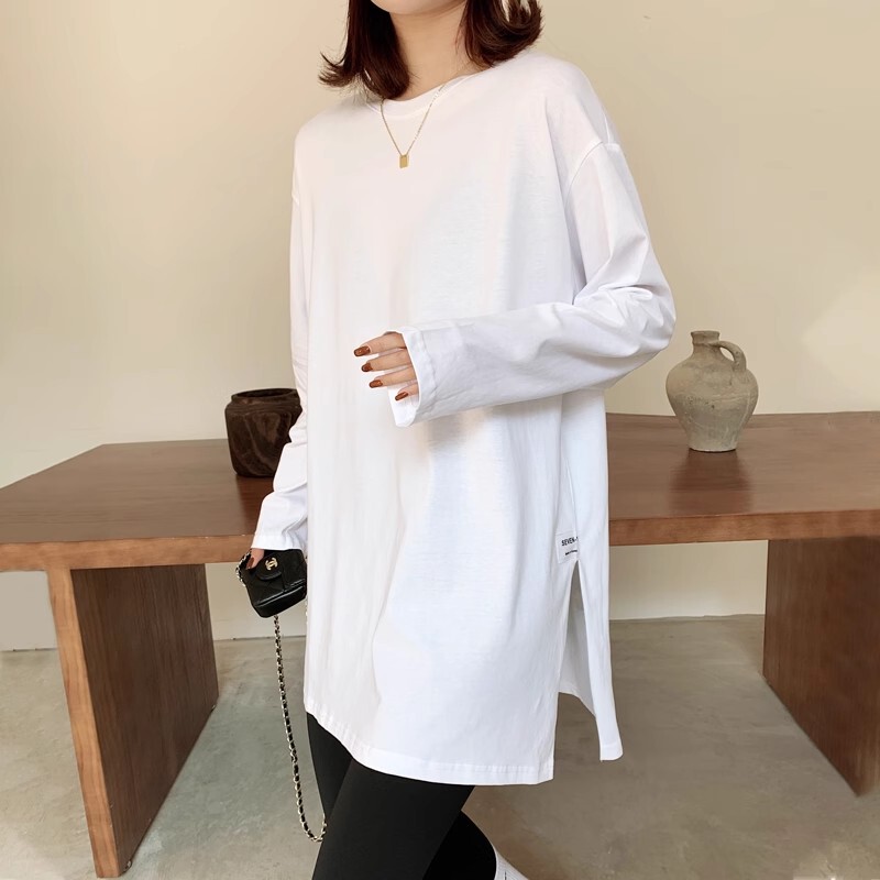 White Bottoming Shirt for Women Layered Sweatshirt with Autumn and Winter Loose Mid-Length Slit Long-Sleeved T-Shirt Top
