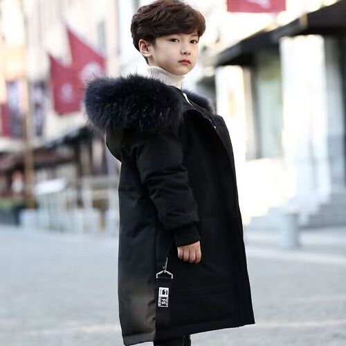 Winter New Boys' Cotton Jacket Korean Style Medium and Large Children's Medium to Long Length Warm Thick Plush Collar Cotton Padded Coat Outerwear Trendy