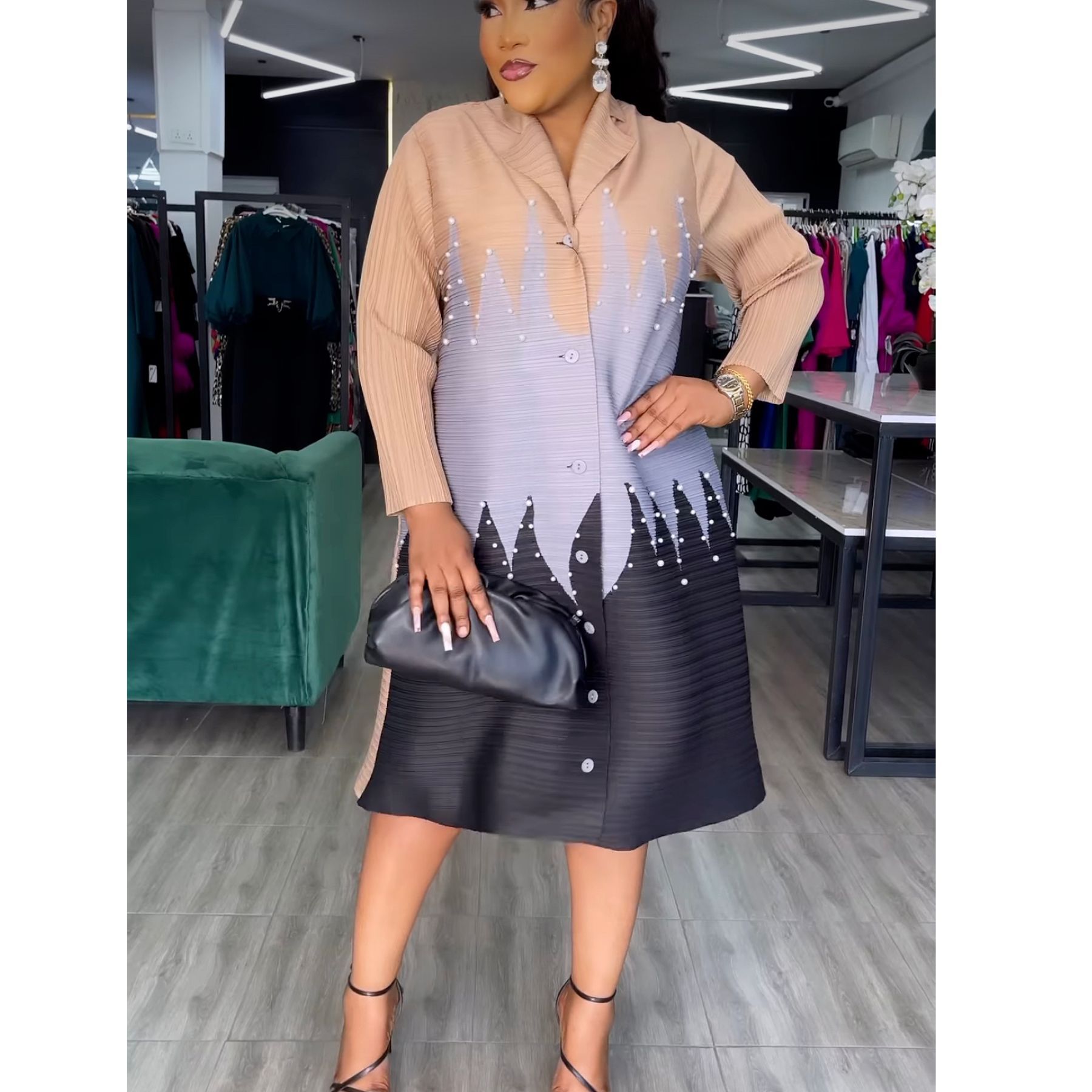 Vêtements pour femmes robe nouvelle robe plissée tempérament féminin contraste de couleur jupe perlée plissée ample_voghion.com