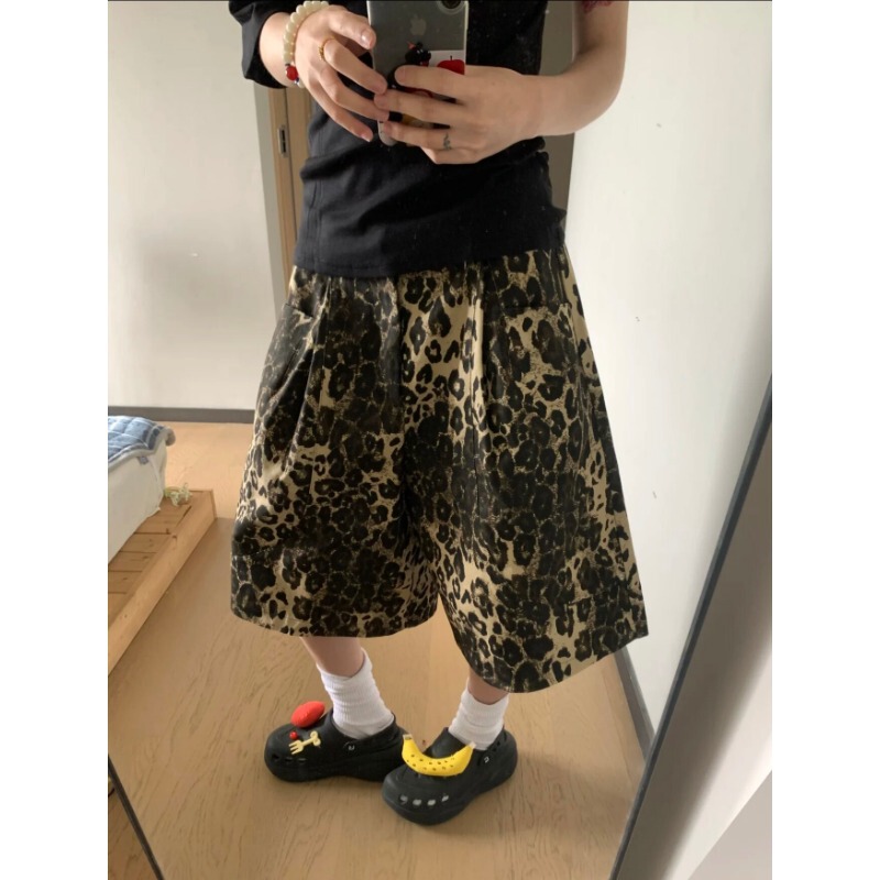 2026 Summer Denim Shorts Leopard Print Solid Color Shorts Lazy Style American Retro Washed Denim Shorts
