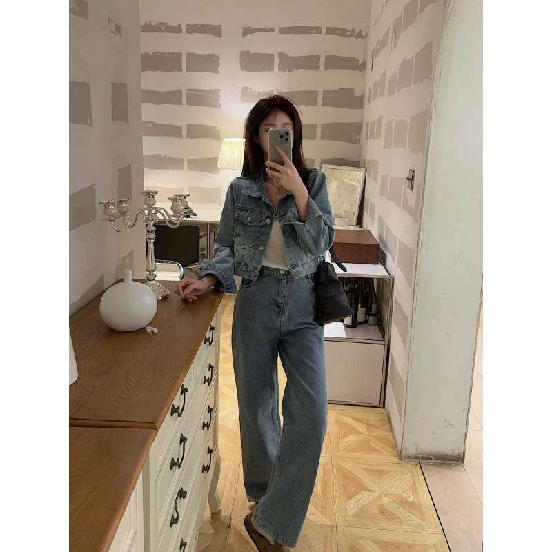 Весенний комплект из синих джинсовых тканей, брюки, стиль легкой роскоши, стиль высокого качества