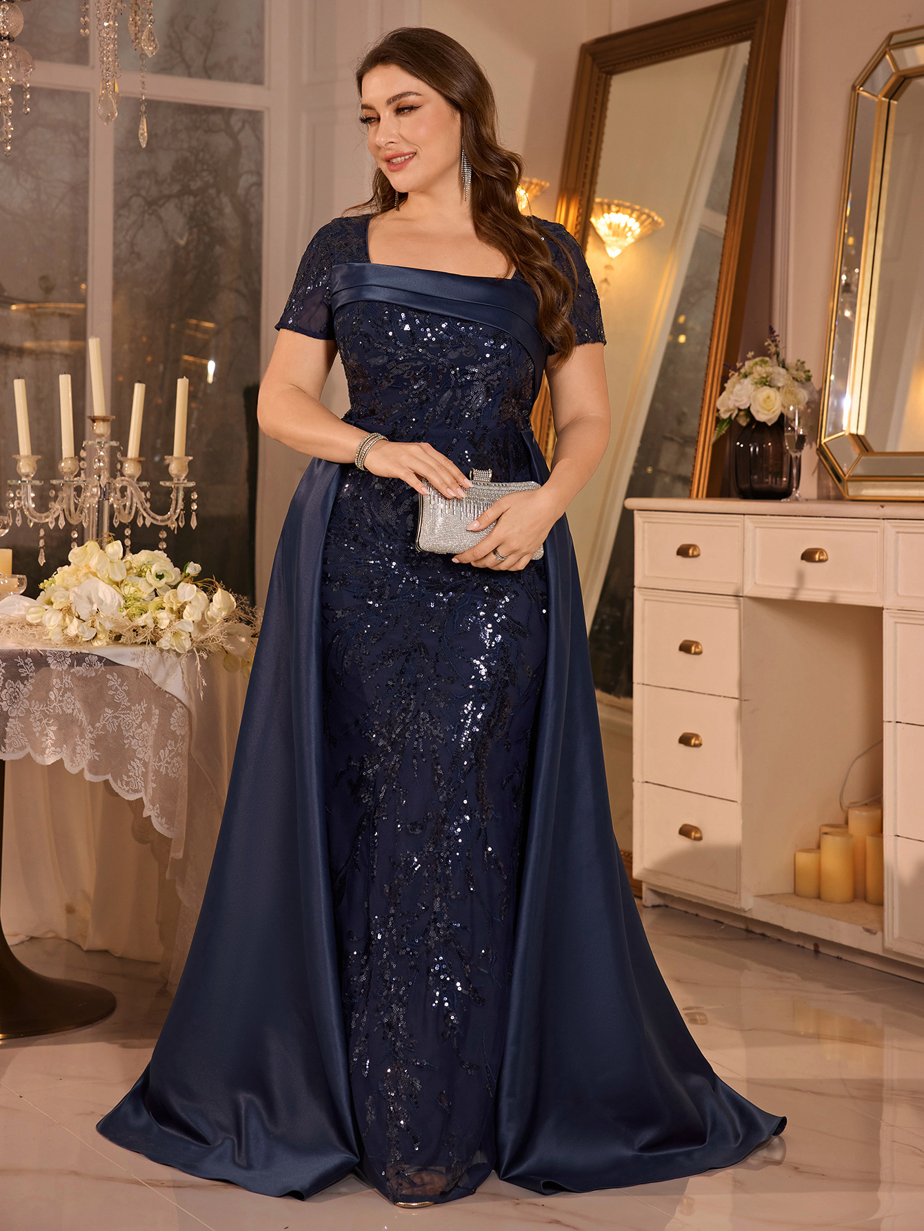 Elegant Long Evening Dress European American Style plus Size Square Neck Hand Pleated Sequined A-Line Banquet Dress Satin_ecoleips.com