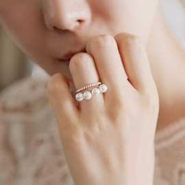 韩国镶锆石珍珠两层戒指个性简约开口食指指环时尚韩版装配饰品女