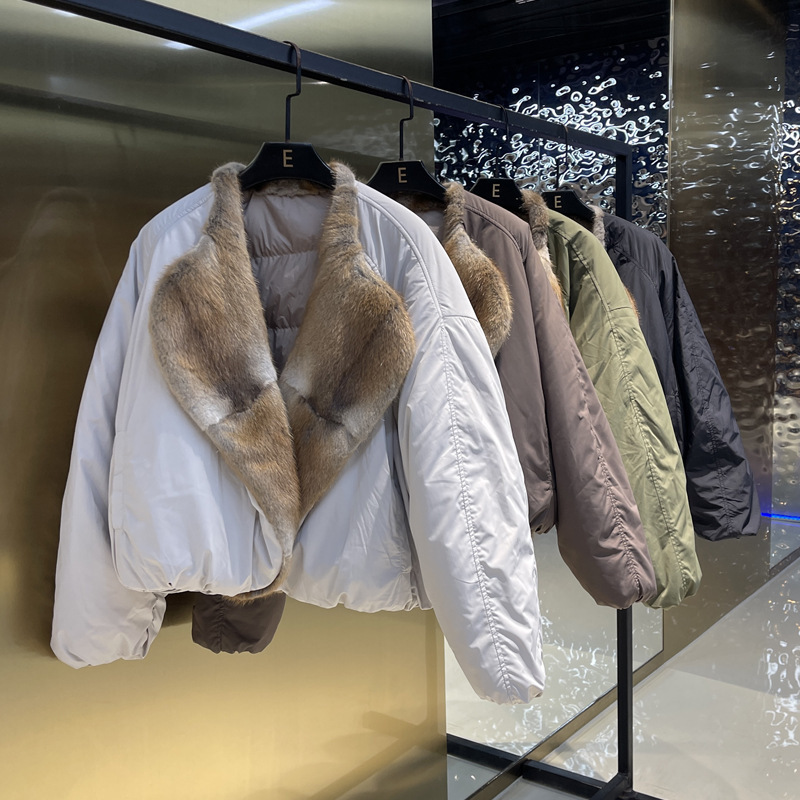 Korean Style Loose Biker Style 2025 Winter New Casual Color-Blocked Mink Fur Collar Women's Short Goose down Jacket