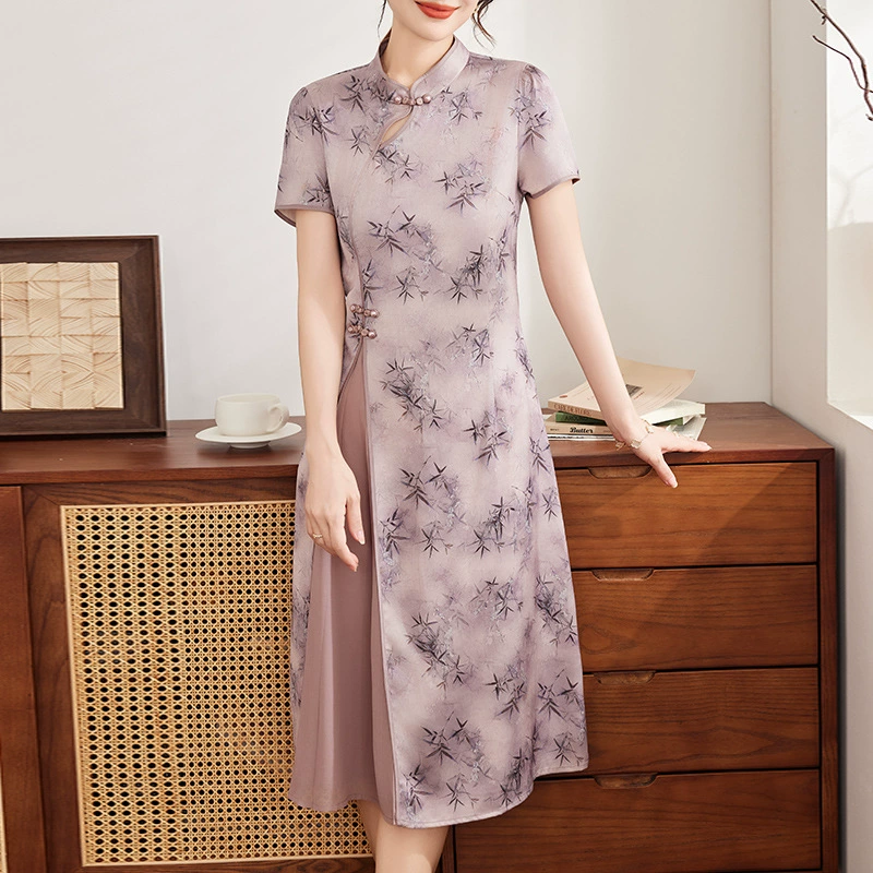 Mom Summer Новое в китайском стиле улучшенное платье cheongsam среднего и пожилого женского шифоновое платье с короткими рукавами