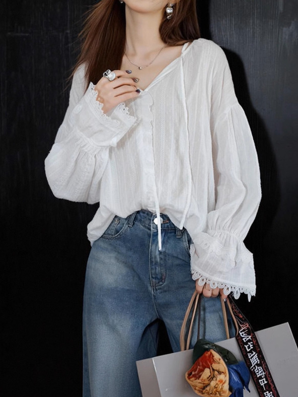 法式木耳边装饰系带长袖衬衫女装2025秋季V领提花防晒衫|undefined