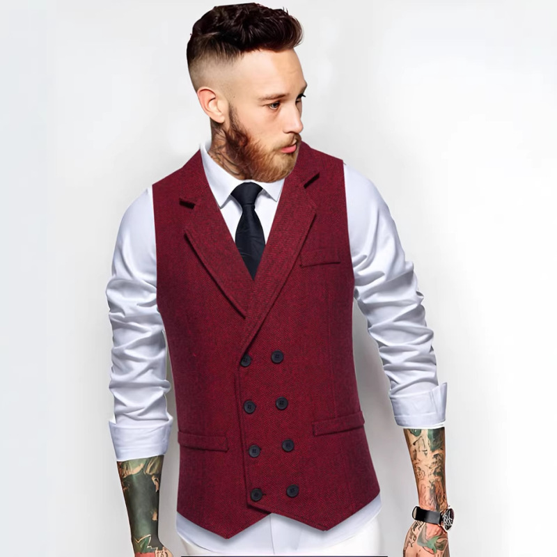 2026 New Foreign Trade Cross-Border Men's Herringbone Tweed Suit Vest British Style Retro Double-Breasted Vest 2026 New Foreign Trade Cross-Border Men's Herringbone Tweed Suit Vest British Style Retro Double-Breasted Vest