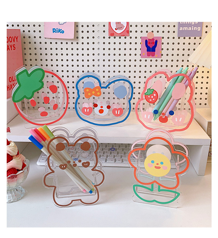 Creative Cartoon Student Desktop Pen Holder Soft And Adorable Bear And Rabbit Multifunctional Office Stationery Acrylic Transparent Storage Container display picture 1