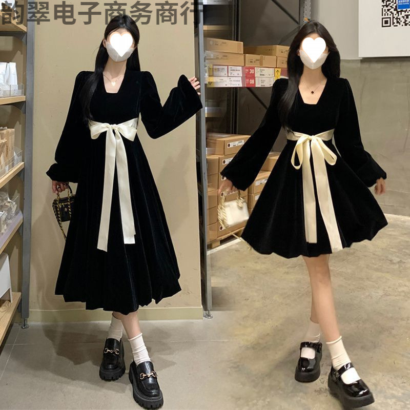 高级感显瘦礼服小黑裙子当季季新款大码胖绑带蝴蝶结连衣裙
