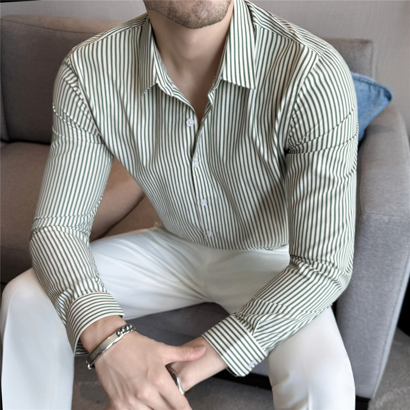 Autumn New Men's Cotton Shirt Slim Classic Yarn-Dyed Stripesd Business Casual Bottoming Shirt Long-Sleeved Shirt