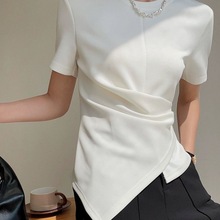 白色法式掐腰不规则短袖T恤女2024年新款女装设计感收腰上衣