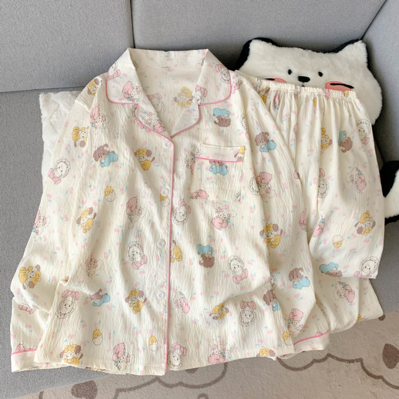 工厂直销云朵棉新款睡衣女长袖长裤开衫翻领卡通大码家居服套装|undefined