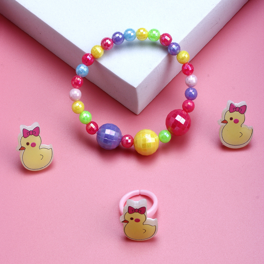 Cute Duck Resin Beaded No Inlaid Rings Bracelets Earrings 3 Piece Set