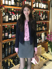 藏青色假两件针织开衫女早秋季2025新款毛衣外套短款上衣均码冰丝