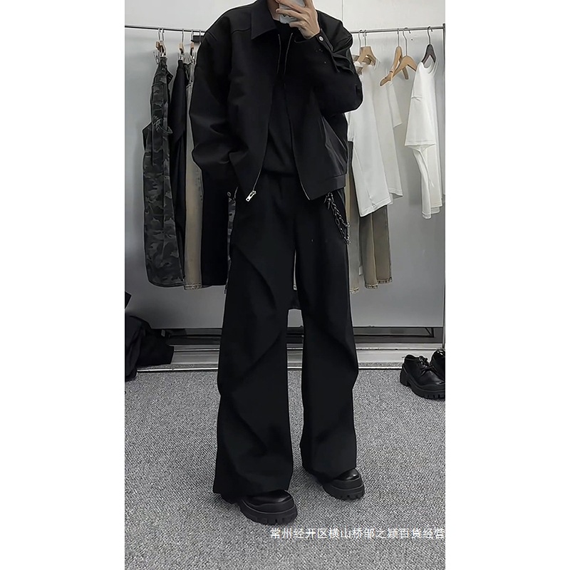 Black Scimitar Micro-Flared Trousers with Drapey Pleated Paratrooper Workwear Trousers Men's Summer Wide-Leg Casual Trousers