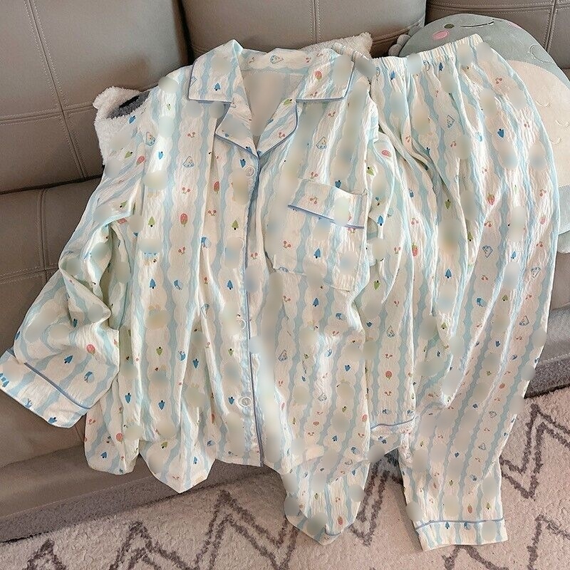 Spring and Autum Long-Sleeved Pajamas for Women, Cloud Cotton Wrinkled Cloth, Sweet Ins Princess Style Japanese Style Style Small Fresh Home Wear Set