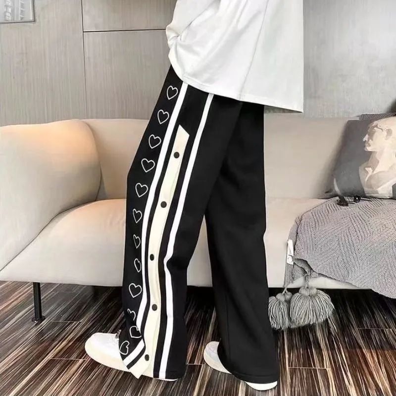 High Street Trendy Brand Love Casual Pants Men's Thin Design-breasted Wide-leg Loose All-match Straight Pants for Students