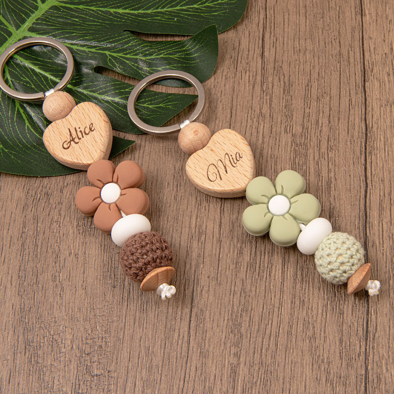 Etsy Natural Wood Style Keychain Silicone Flower Chain Pendant Bag Decoration Accessories Gift Foreign Trade New Model Ins